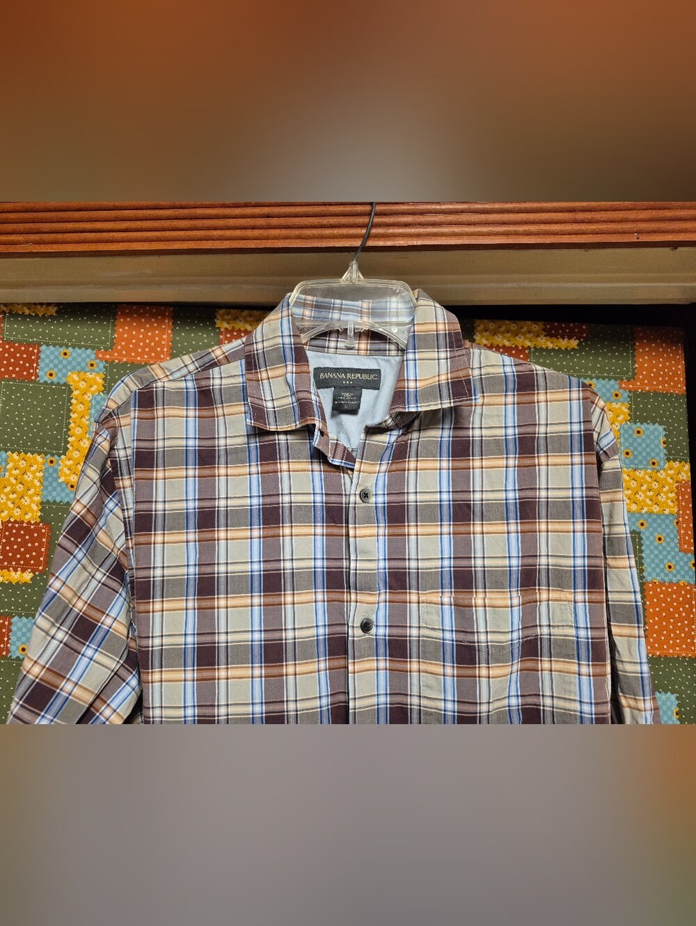 Banana Republic Men's Brown and Blue Plaid Button-Down Shirt
